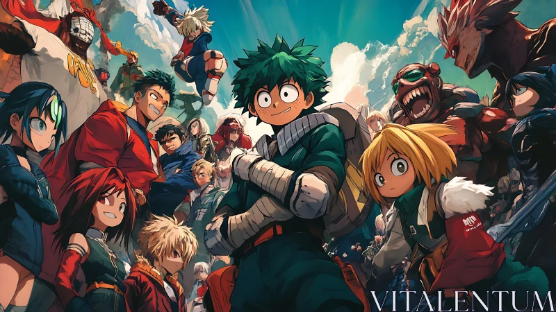 Heroic anime ensemble poised for action under vivid skies.