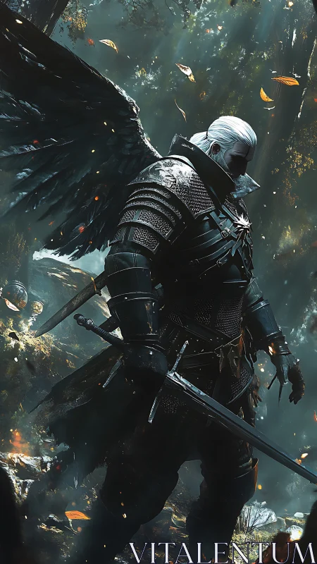 Dark winged warrior stands vigilant in a sunlit forest glade