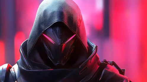 Hooded cyber assassin under neon pink and violet glow.