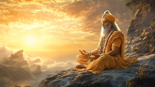 Mountain sage in sunrise meditation above glowing clouds.