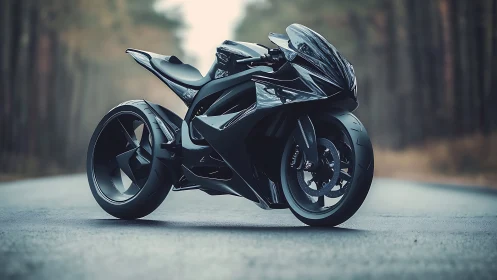 Futuristic black superbike renders aerodynamic form on forest road
