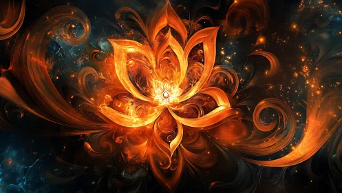 Fiery lotus-shaped fractal pattern forms within dark space