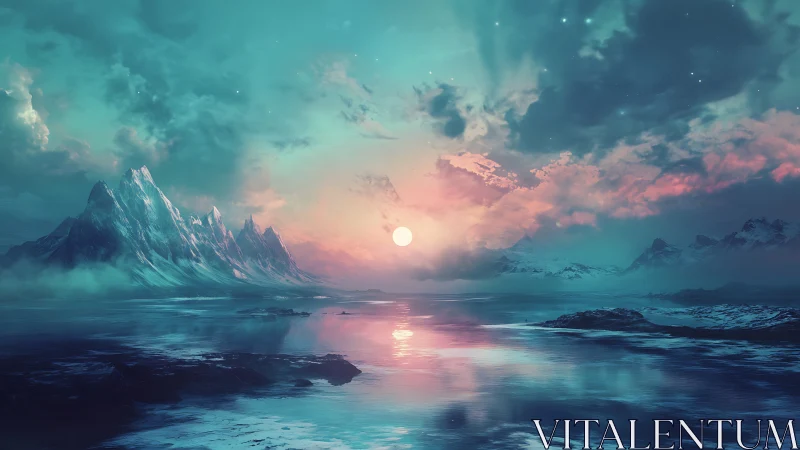 Bioluminescent polar seascape with twin-peaked glacial range