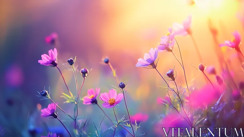 Pink cosmos flowers against softly blurred natural background.