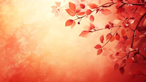 Crimson autumn leaves curve across glowing peach sky.