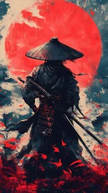 Silhouetted samurai figure against textured crimson sun disc