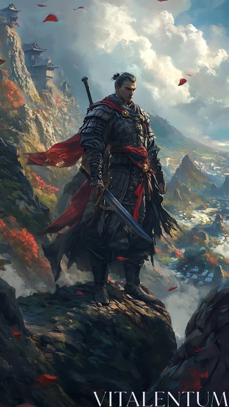 Storm-steadfast mountain warrior wrapped in ember-red banners.
