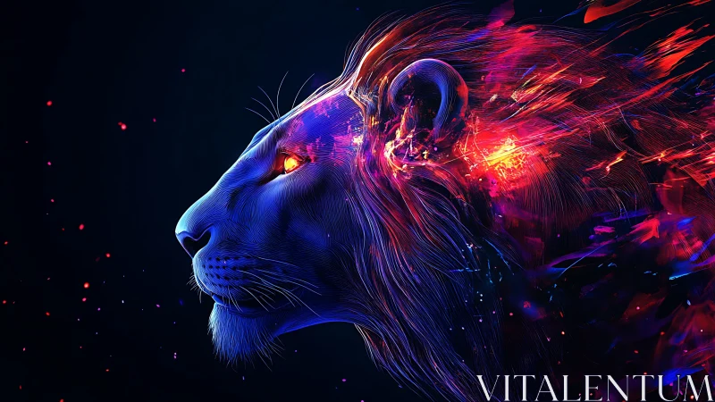 Neon spectral lion profile with particle-stream mane dynamics.