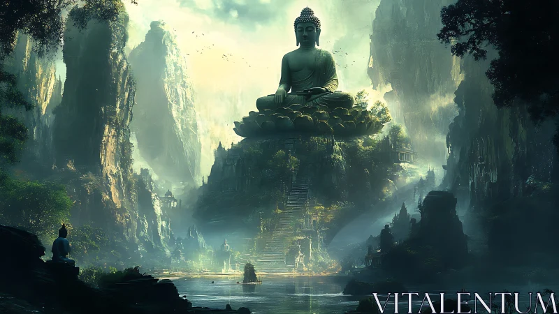 Misty mountain temple where a serene Buddha watches quietly.