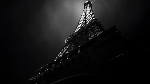 Dramatic low-angle monochrome study of illuminated Eiffel Tower