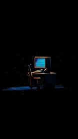Lonely retro workstation glows in minimal neon-lit void