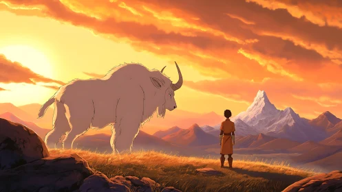 Boy and giant horned beast face sunset in wide mountainscape.