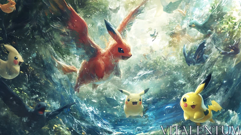 Soaring elemental creatures in luminous forest torrent.