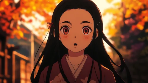 Autumn sunset frames a wide eyed anime girl in quiet wonder