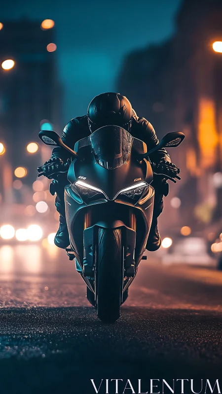 Sport bike rider cuts through cinematic neon city streets.