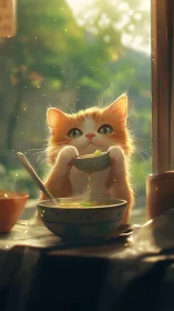 Orange kitten enjoys soup by sunlit window with bokeh particles.