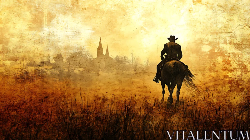 Lone cowboy on horseback riding toward distant village.