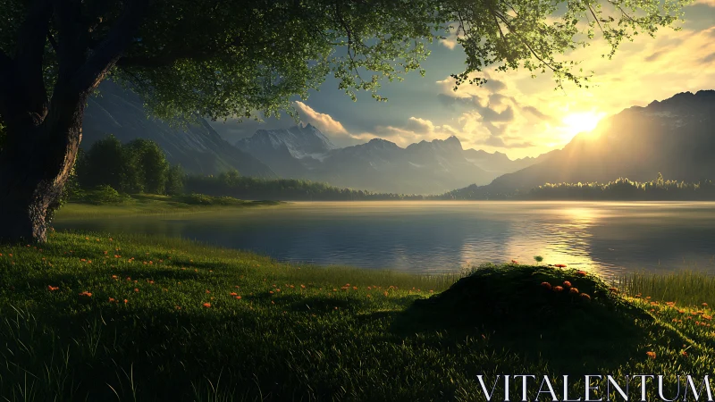 Digital painting of alpine lake sunrise with lush foreground.