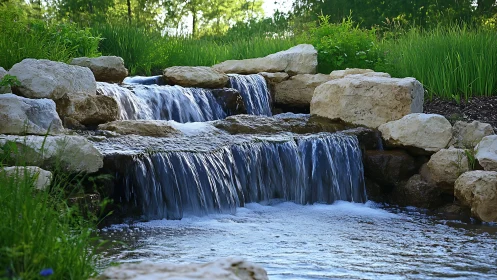 Stone-kissed garden waterfall murmuring through summer light.