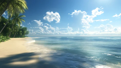 Tropical shoreline with palm canopy under clear blue sky.