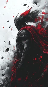 Armored dark knight strides through swirling red embers.