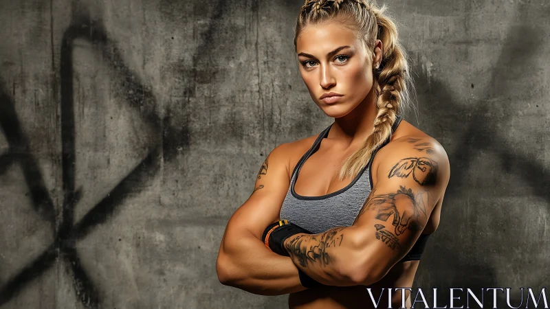 Muscular tattooed athlete posing against concrete wall.