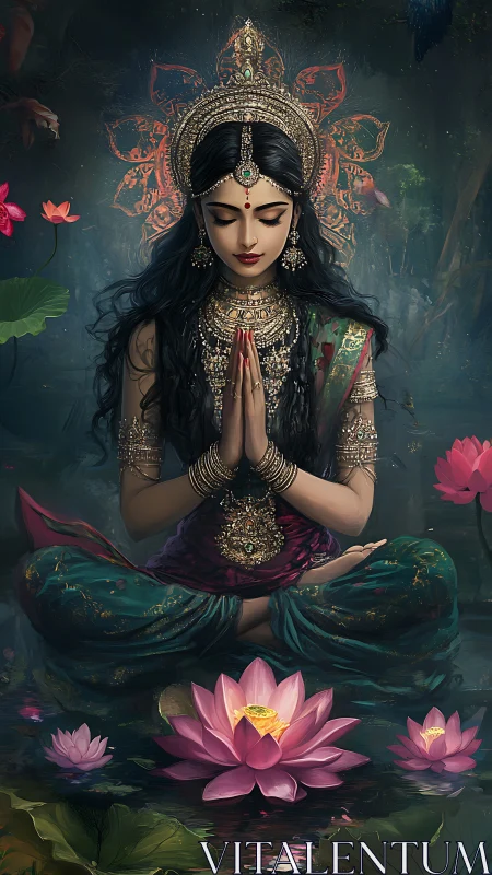 Divine woman meditates in lotus pond under ornate halo