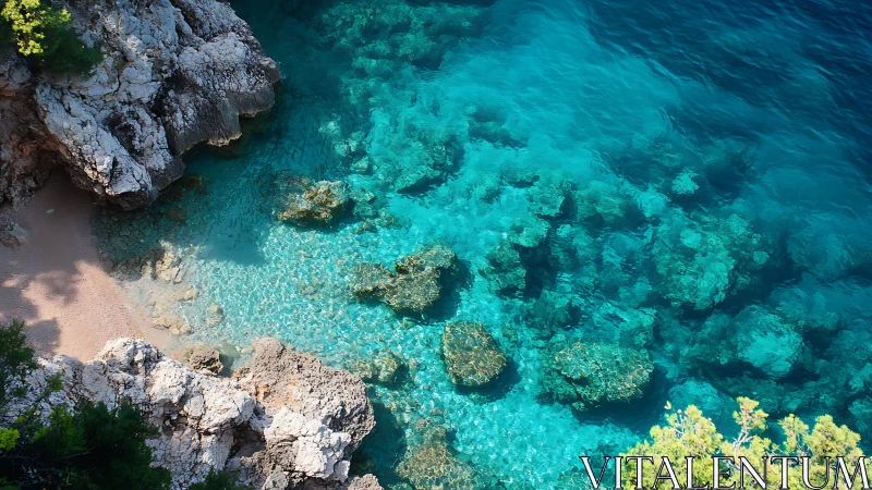 Rocky cove with clear turquoise water viewed from above.