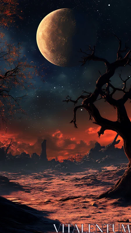 Crescent moon illuminates barren landscape under red sky