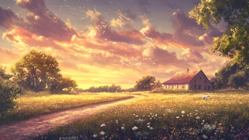Golden hour farmhouse landscape renders atmospheric rural light