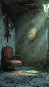 Decayed room holds solitary red armchair in dusty light