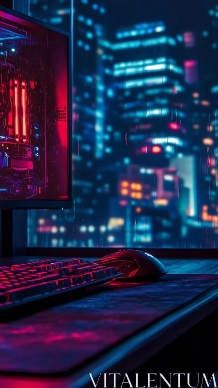 Neon-lit gaming rig before rainy cyberpunk skyline.