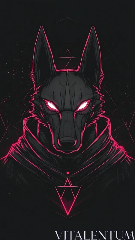 Neon jackal sentinel with glowing sigil and hooded cloak.
