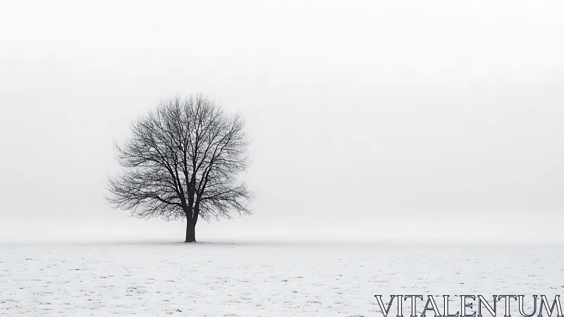 Solitary winter tree in minimalist snowbound horizonscape.