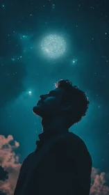 Silhouetted stargazer under cyan nocturnal sky glow portrait.