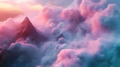 Digital painting of neon dusk peaks in iridescent cloudfields.