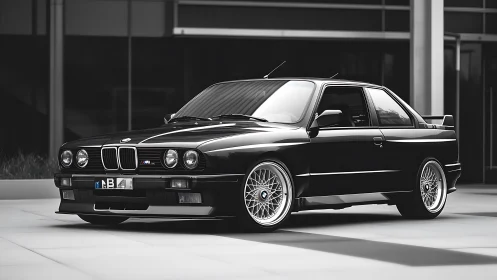 Black BMW E30 M3 coupe stands parked before modern glass block