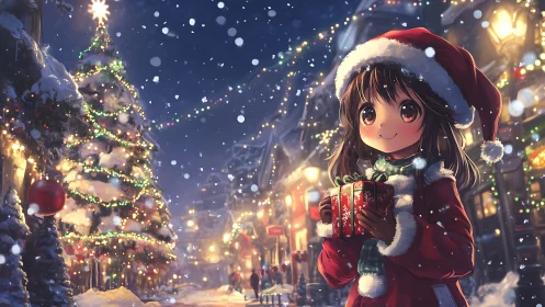 Anime child holding gift in snowy illuminated city street.