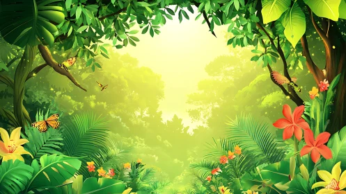 Jungle canopy with tropical flora, fauna, and luminous sky