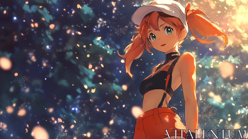 Anime girl under glowing evening sky with floating lights.