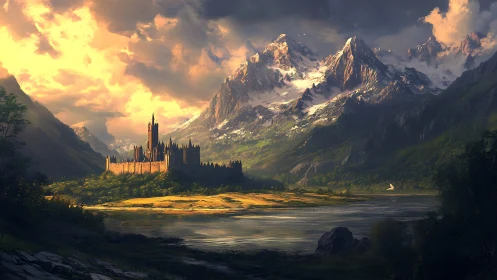 Castle complex stands before snow-covered mountain range