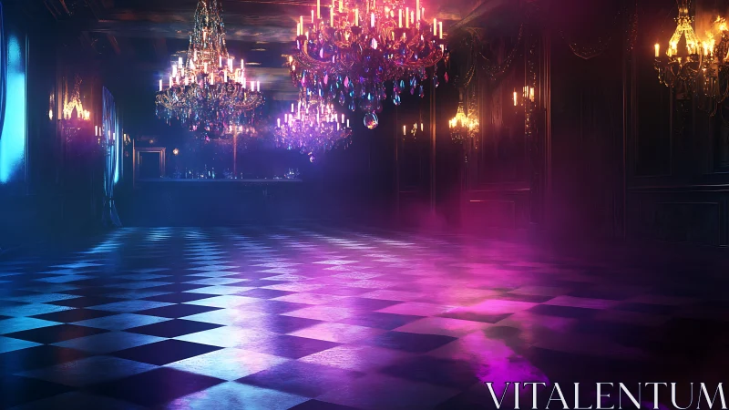 Opulent neon ballroom glows with misty cinematic lighting