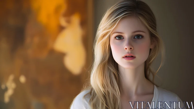 Soft light portrait with blonde woman and warm bokeh background.