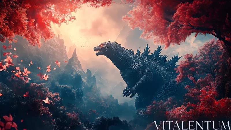 Crimson forest titan wandering through misty dream canyons.