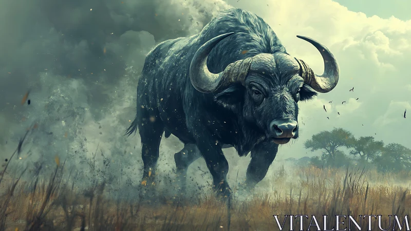 Large horned buffalo moving through dusty savanna field.