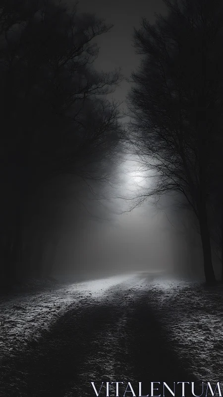 Moonlit forest path glows softly through mist and shadow