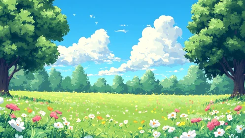 Sunny wildflower meadow under blue sky with tall trees.