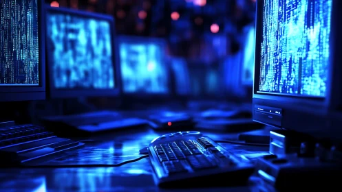 Multiple computer workstations with blue data displays.