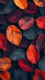 Autumn leaves overlap in vivid red, orange, and deep blue tones.