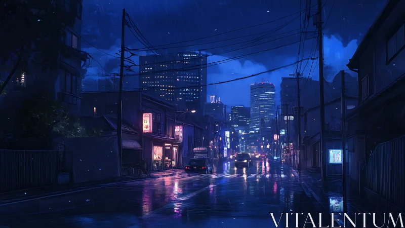 Digital painting of neon-lit rainy urban night street scene.